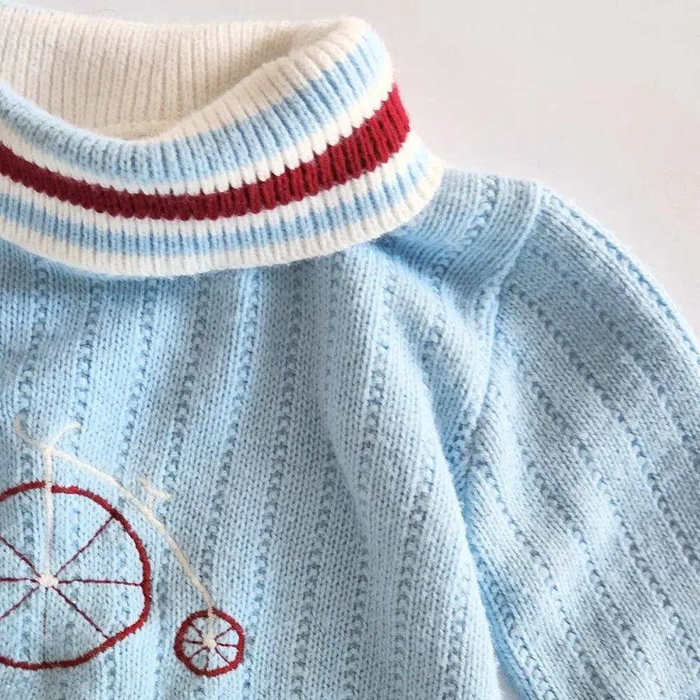 Vintage 1960s Doe Spun Toddler Sweater Blue w/ Penny Farthing Embroidery Size 2T